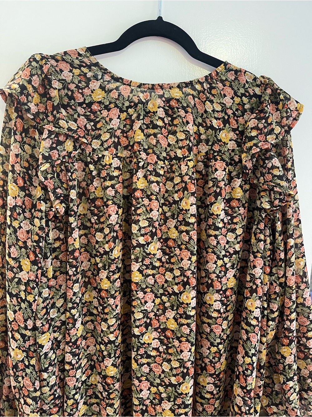 Black Floral Ruffle-Yoke Peasant Blouse - Picture 2 of 6